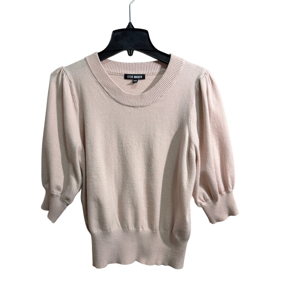 Steve Madden Womens XXL Puff Sleeve Knit Sweater Blush Pink Ribbed Crew Neck‎